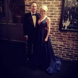 Ieena for Mac Duggal Plunge Neck Taffeta Ball Gown in Navy Size 4